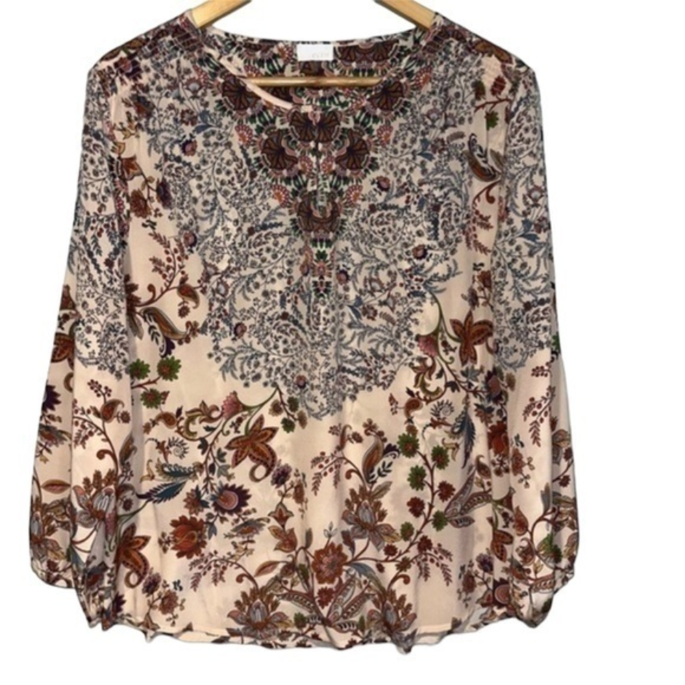 Ecru 100% Silk‎ Floral Paisley Medallion Blouse Cream Multi  Lge #230